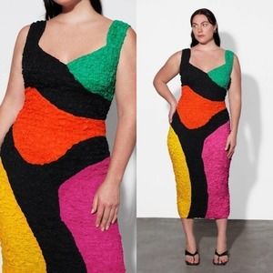 Textured Colorblock V-Neck Midi Dress - Green, Orange, Pink, Yellow, Black